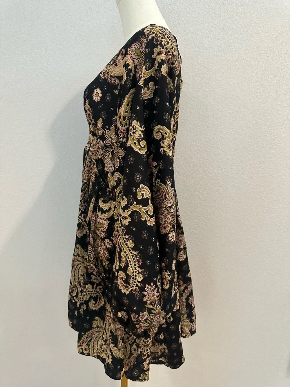 Free People Arzel Paisley Mini Dress Black Boho Balloon Sleeve S